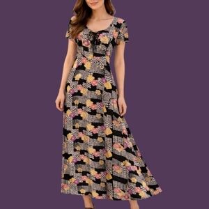 Vtg STARINA 1990s Mixed Pattern Floral Patchwork Lace-up Maxi Prairie Dress
